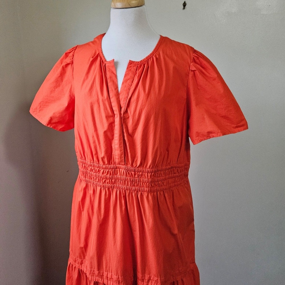 Quince Orange Tiered Maxi Dress Organic Cotton Puff Sleeve V Neck XL *FLAWS*